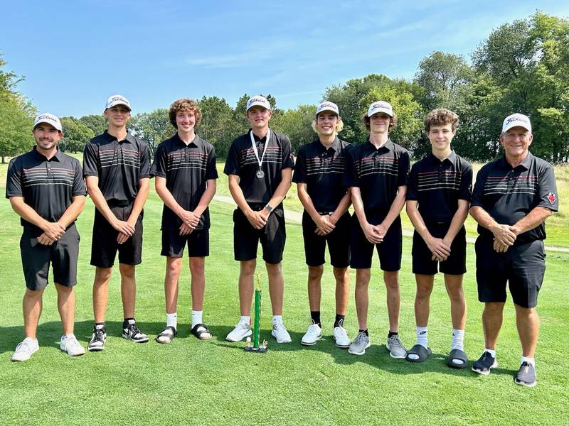 The Hall Red Devils won Saturday's Rock Falls Rocket Invite at Deer Valley Golf Course. Team members are oach Mason Kimberley (from left), Joe Perez, Jake Diaz, Landen Plym, Noah Plym, Vance Pienta, Johnni Escatel and assistant coach Steve Marini.