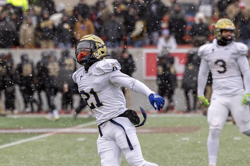 Althoff Catholic’s Jamaris Saddler celebrates a touchdown against Lena-Winslow Friday, Nov. 29, 2024, in the class 1A football state final.