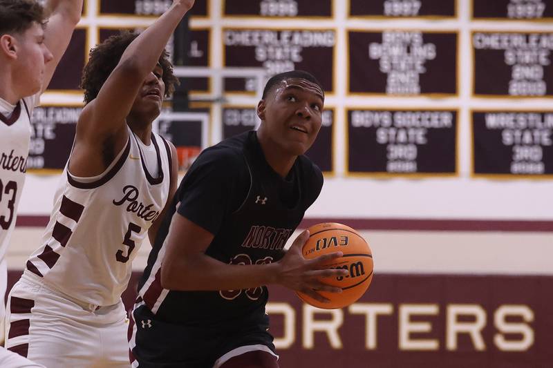 Plainfield North’s Pierre Pointer works under the paint against Lockport on Friday, Jan. 3, 2025 in Lockport