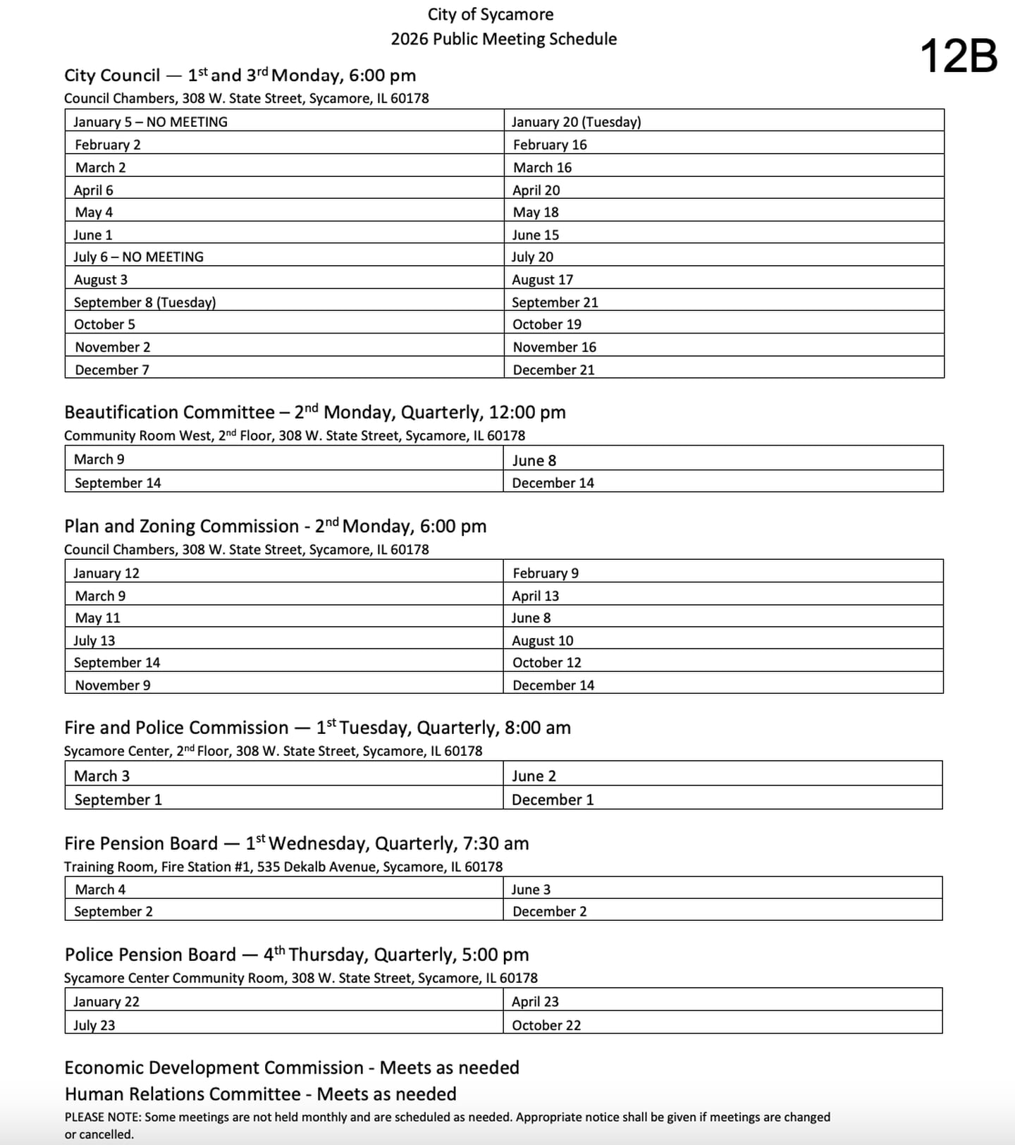 The city of Sycamore's meeting schedule for 2026.
