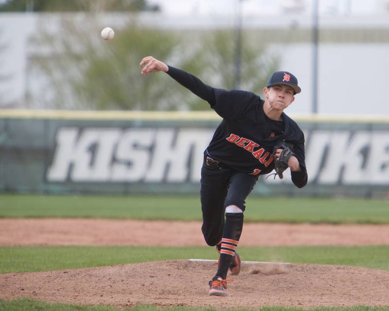 Dekalb's Jackson Kees delivers a pitch against Sycamore at Kiswaukee College on Saturday, April 29, 2023 in Malta.