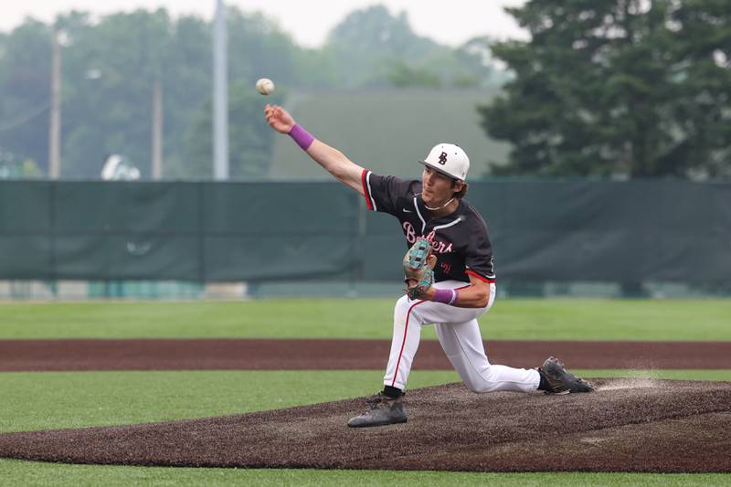 Bradley-Bourbonnais’ Mason Shaul throws a pitch during the Boilermakers’ 2-0 loss to Normal Community in the IHSA Class 4A Illinois Wesleyan University Sectional semifinal on Thursday, June 5, 2025.
