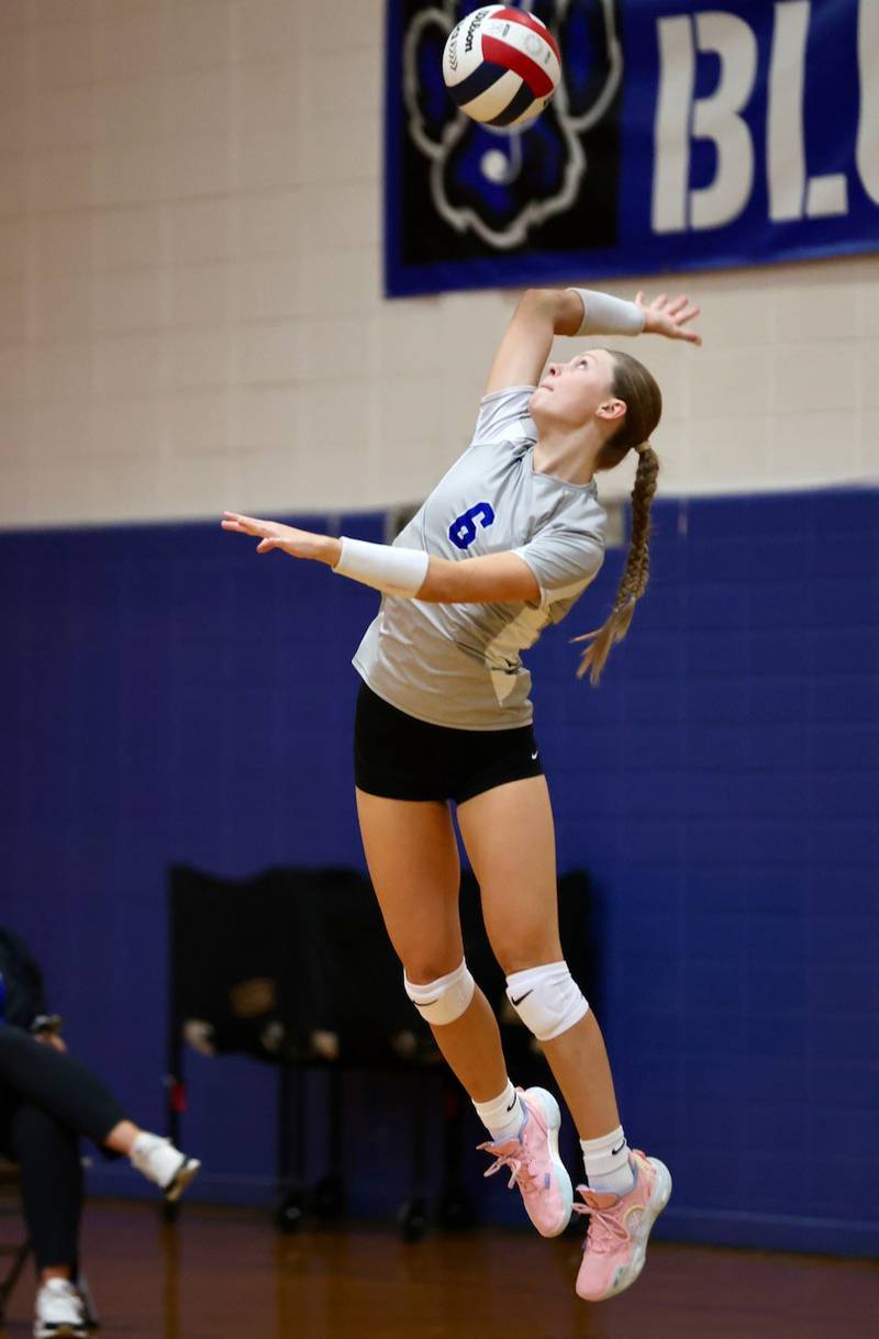 Princeton's Caroline Keutzer serves one up Tuesday night against Kewanee at Prouty Gym. The Tigresses won 25-8, 25-22.