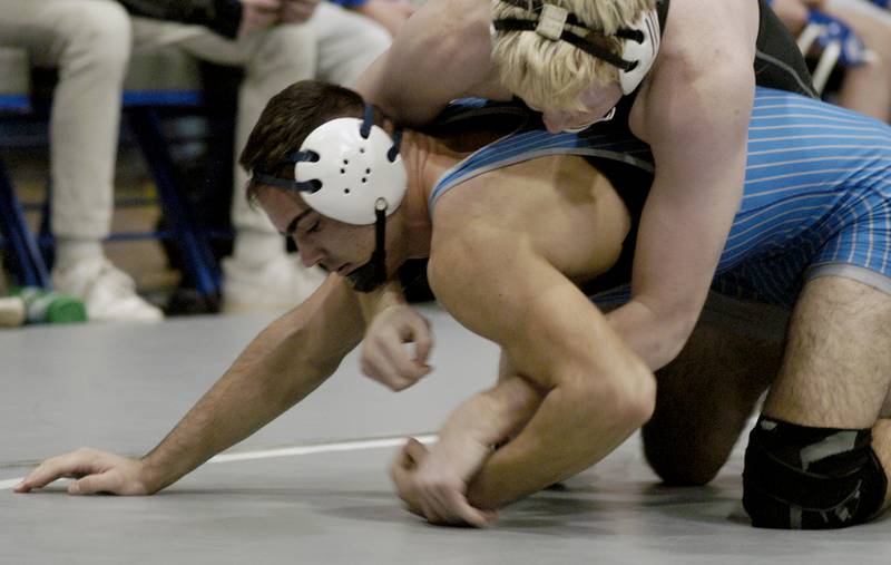 Newman's Ayden Gutierrez works to escape a Princeton wrestler. Newman, Princeton and Lena-Winslow grappled at NHS. The meet took place on January 20, 2026.