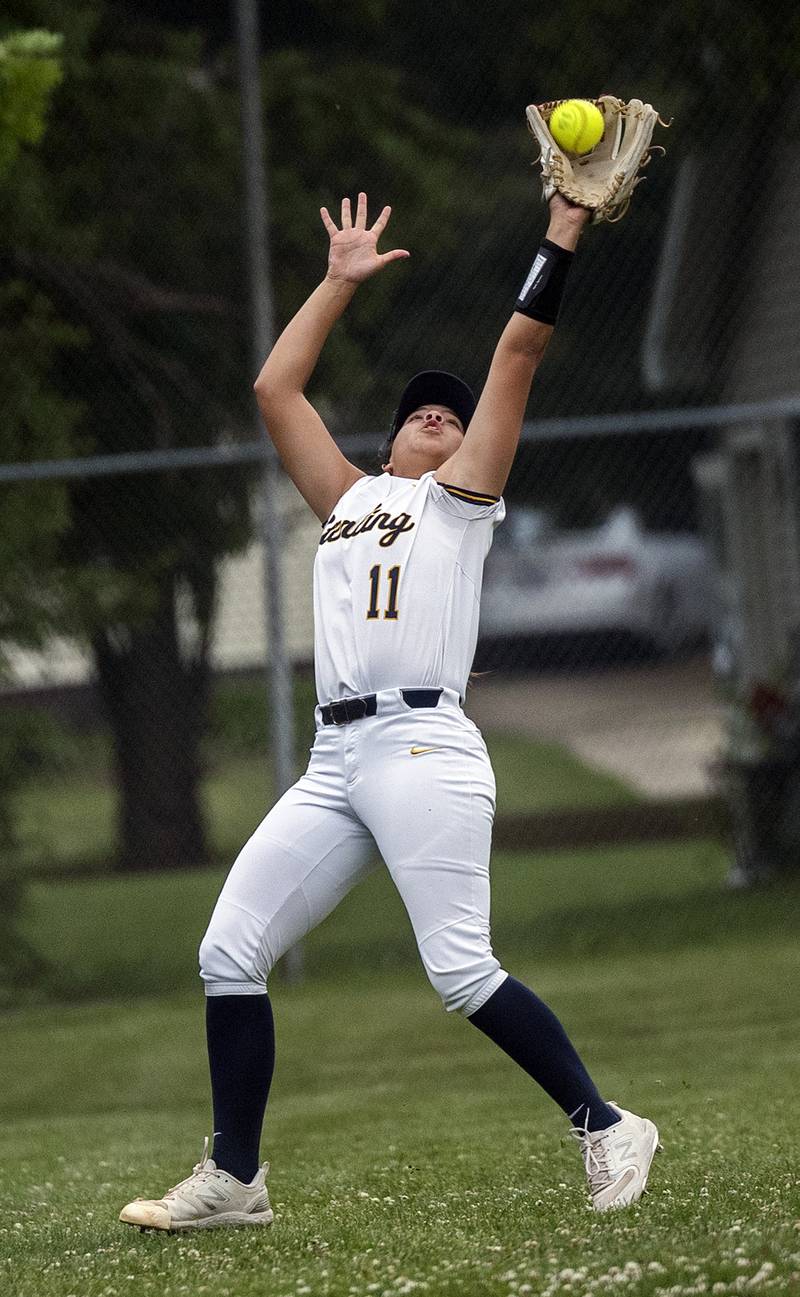 Sterling’s Layla Wright hauls in a fly ball against Belvidere North Friday, May 30, 2025, in the Class 3A Regional final in Dixon.