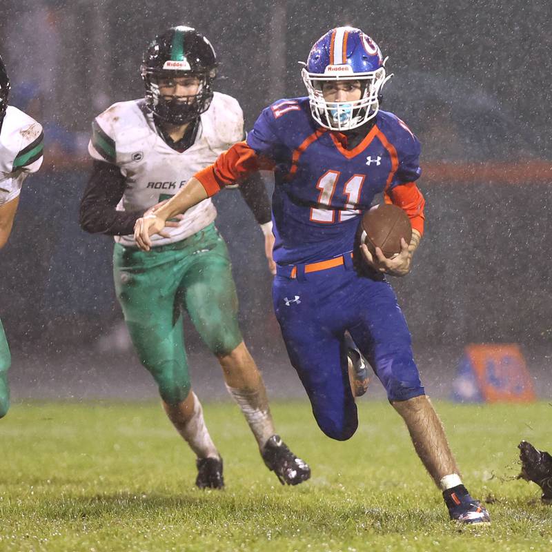 Genoa-Kingston's Dakota Dynek gets outside of the Rock Falls defense on his way to a touchdown during their game Friday, Oct. 13, 2023, at Genoa-Kingston High School.