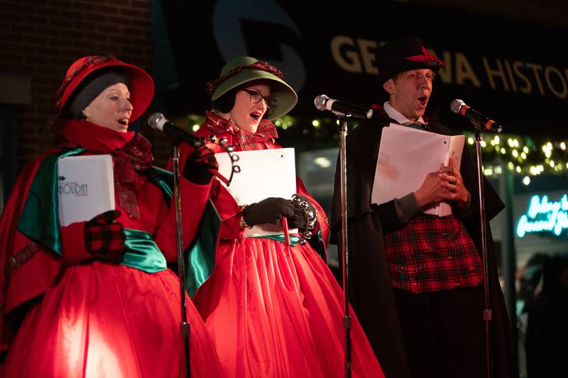 Christmas carolers sing at the Annual Geneva Christmas Walk on Friday, Dec. 5, 2025.