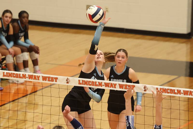 Joliet Catholic’s Brooke Simon hits the ball against Plainfield South in the Class 4A Lincoln-Way West Regional semifinal on Tuesday, Oct. 29, 2024 in New Lenox.