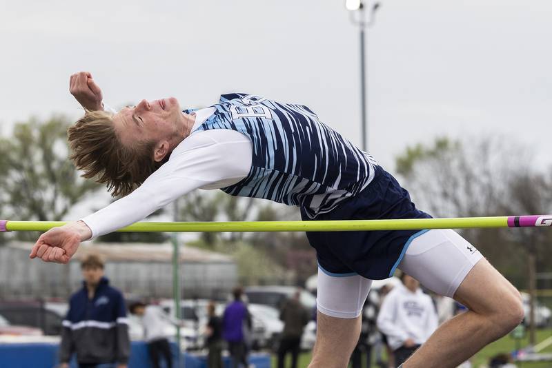 Bureau Valley’s Justin Moon clears the bar Friday, April 25, 2025, during the Rock Falls Rocket Invite.