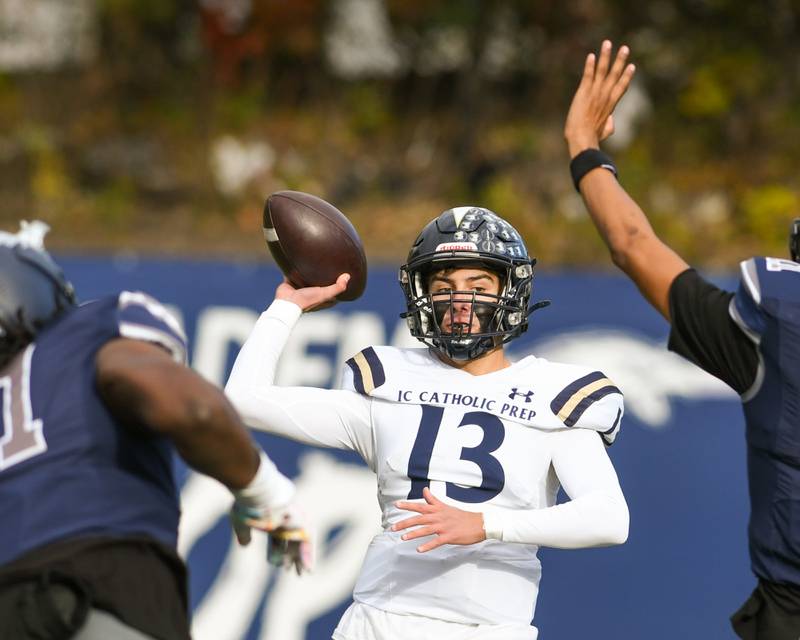IC Catholic Prep's Nate Lang (13) passes the ball during the 3A Playoff game against Chicago Hope Academy on Saturday Nov. 1, 2025, held at Altgeld Park in Chicago.