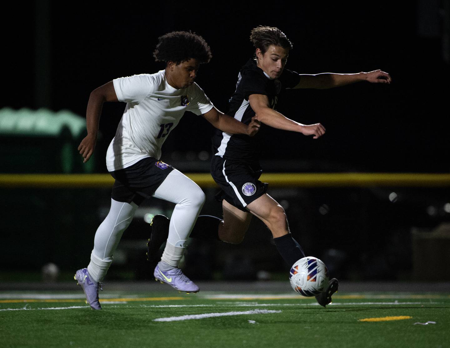 Manteno's Ben Froeschle, right, leads on a break away as Chicago Christian's Caleb Daniels, left, defends during a sectional game on Tuesday, October 28, 2025.