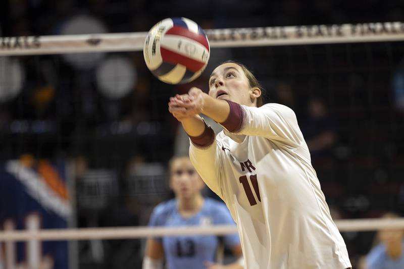Prairie Ridge's Kaelin Bacak makes a pass against DePaul College Prep Saturday, Nov. 16, 2024, in the Class 3A third place state volleyball match at CEFCU Arena in Normal.