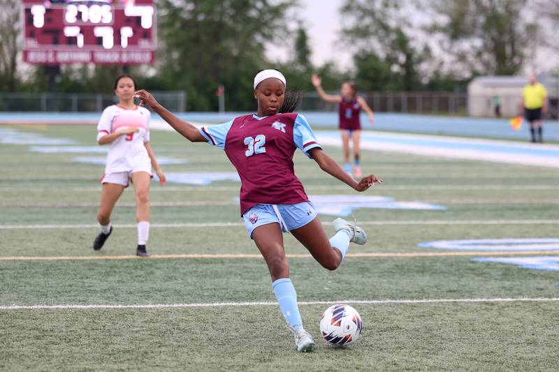 Kankakee's Alina Mkhwanazi shoots on goal during the Kays' 5-0 win against Blue Island Eisenhower in the Class 2A Kankakee Regional semifinals on Tuesday, May 19, 2026.
