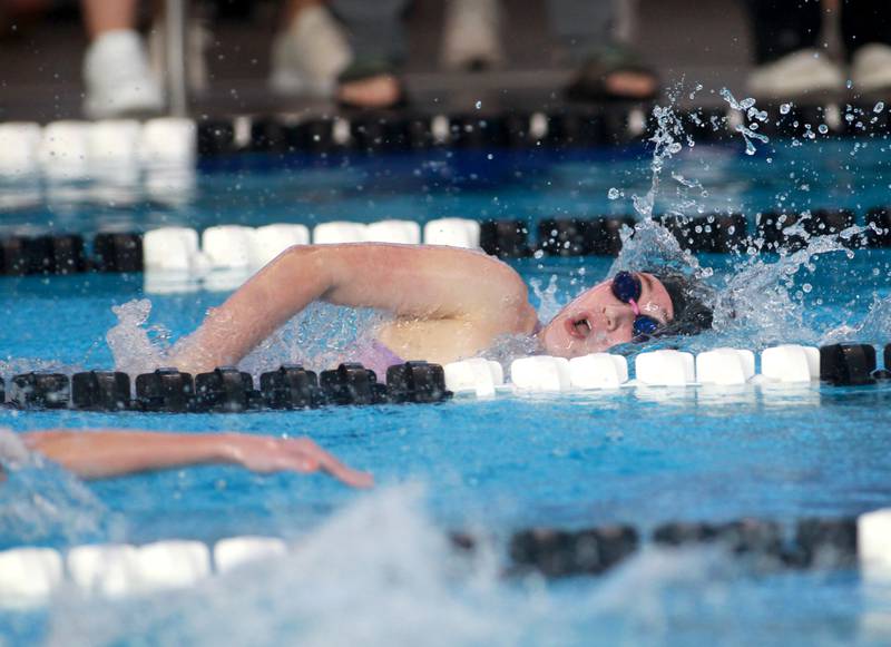 Lyons Township’s Lindsay Forebaugh competes in the 500-yard freestyle consolation heat during the IHSA Girls State Swimming and Diving Championships at the FMC Natatorium in Westmont on Saturday, Nov. 11, 2023.