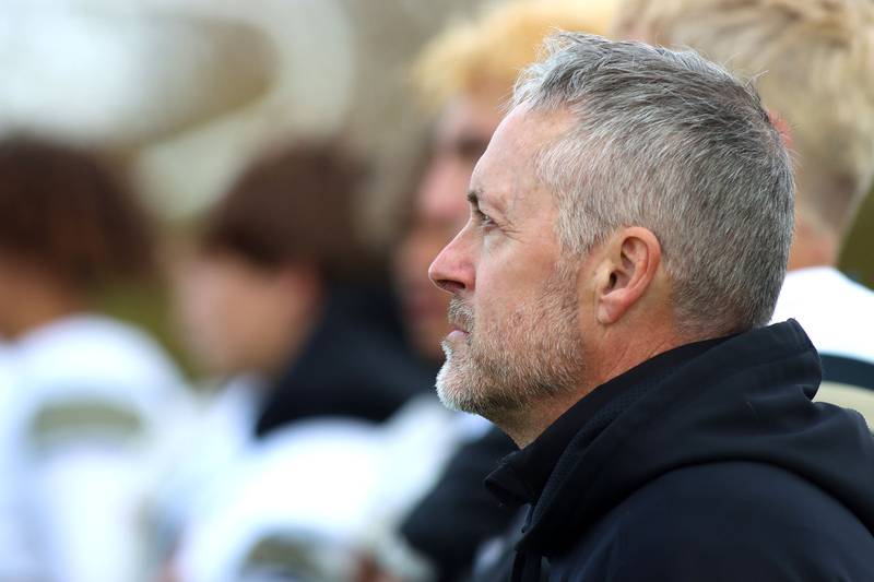 Sycamore’s Head Coach Joe Ryan leads the Spartans in IHSA football Class 5A first-round playoff action at Al Bohrer Field on the campus of Cary-Grove High School in Cary on Saturday, November 1, 2025.