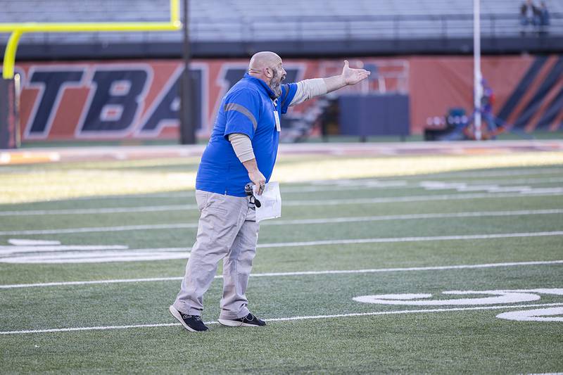 Tri-Valley head coach Josh Roop argues with an official late in the game in the class 2A IHSA football state championship game Friday, Nov. 25, 2022.