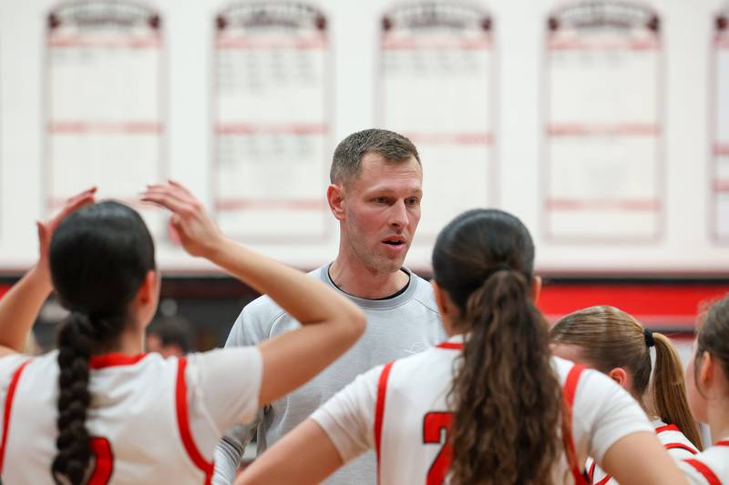 Bradley-Bourbonnais head coach Kevin Maciejewski talks to his players in a timeout during the Boilermakers' 55-44 loss to Ottawa on Monday, Feb. 9, 2026.