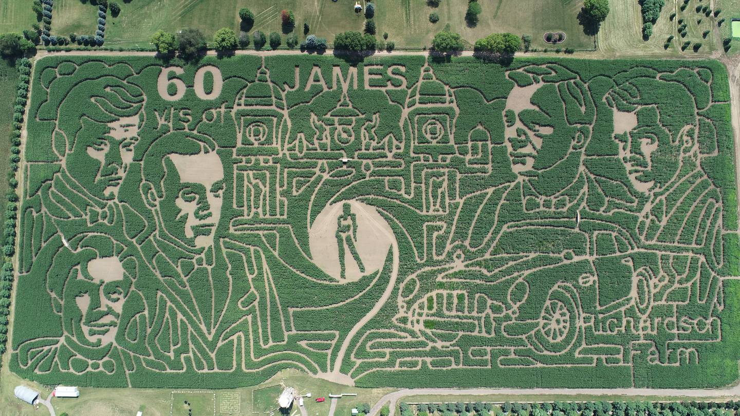 This year’s corn maze at the Richardson Adventure Farm is all about 007 and the many faces of James Bond.
