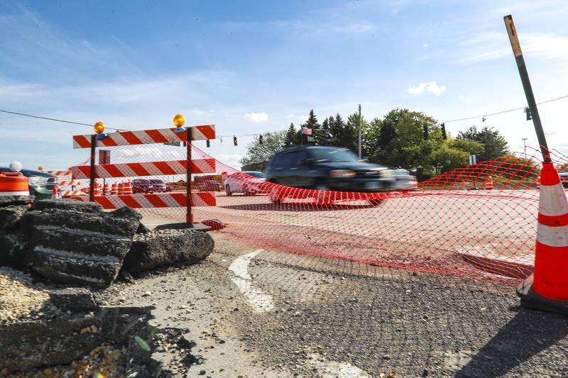 Traffic heading northbound on Tuesday, May 11, 2021, at Weber Road in Romeoville, Ill. Construction on Weber Road has caused traffic and congestion.