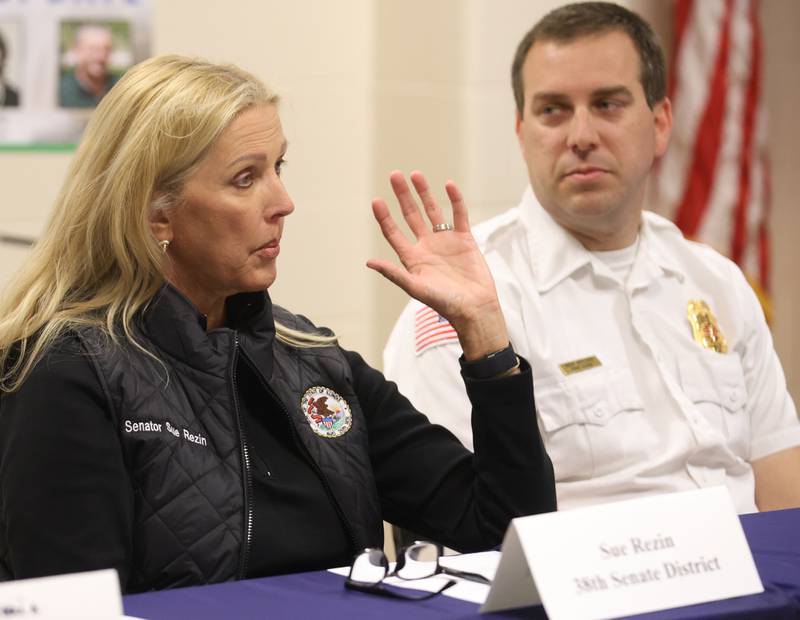 Illinois State Sen. Sue Rezin. R-Morris speaks as Utica Fire Chief Ben Brown listens during the Starved Rock Safety Update meeing on Monday, May 11, 2026 at the Utica Fire Station. The meeting serves as an opportunity to discuss safety, visitor experience, and general updates related to the park.