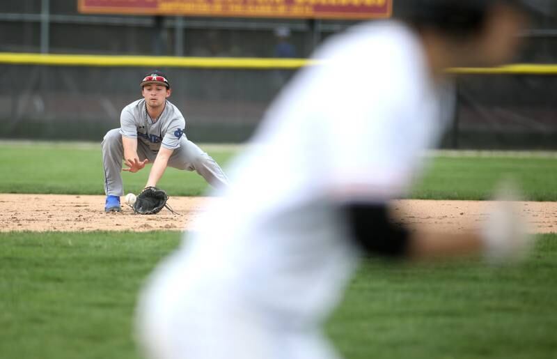 Geneva’s Roland Sorrentino picks up a ground ball during a game at Batavia on Monday, April 29, 2024.