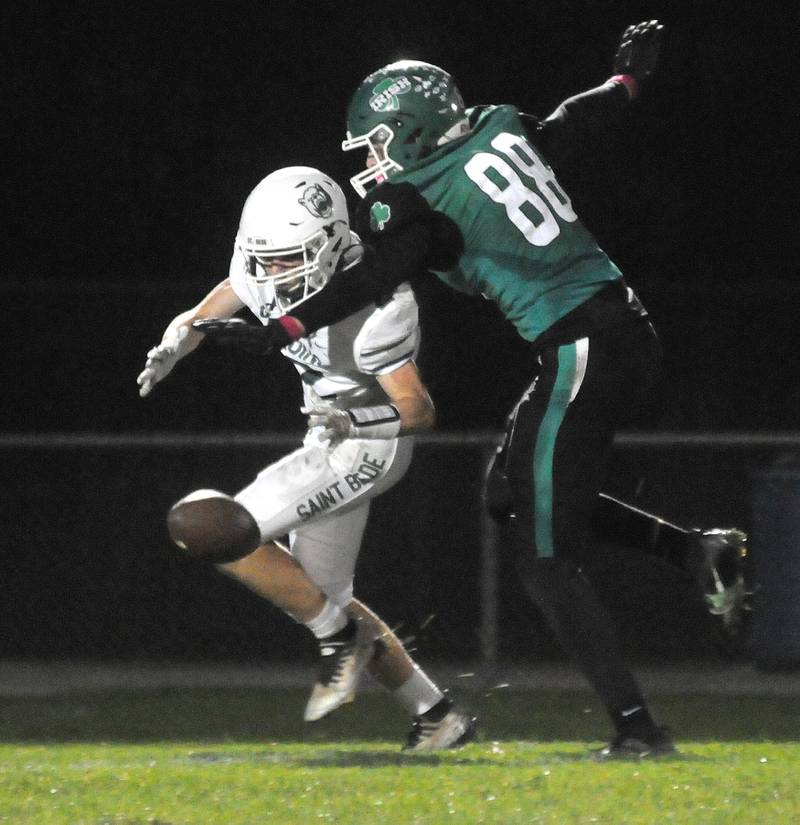 Pass interference is called on Seneca's Lane Provance on an intended pass for St. Bede's Carson Riva at Seneca on Friday, Oct. 20, 2023.