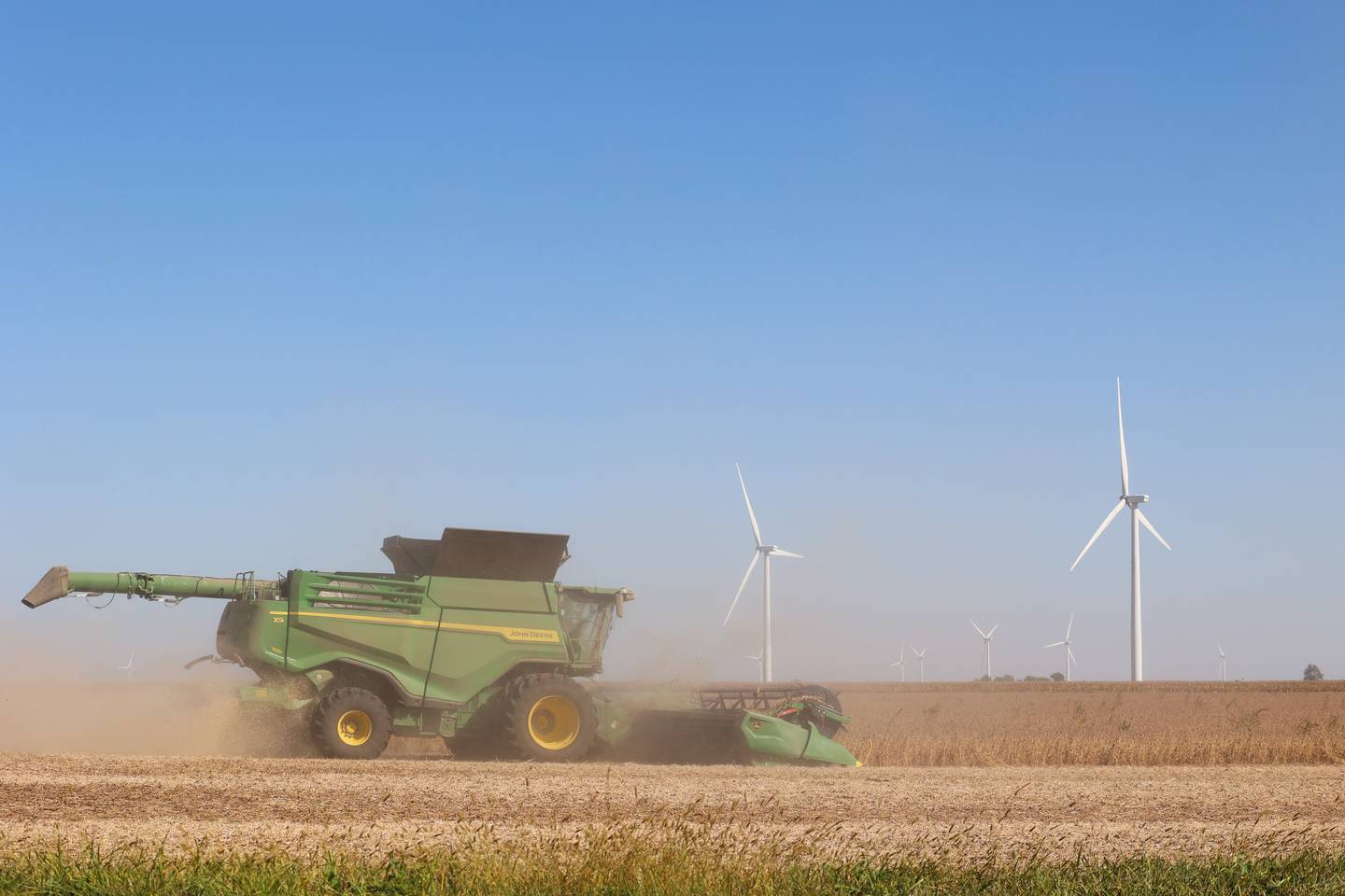A farmer harvests soybeans in a field near Union Hill on Sept. 30, 2025.