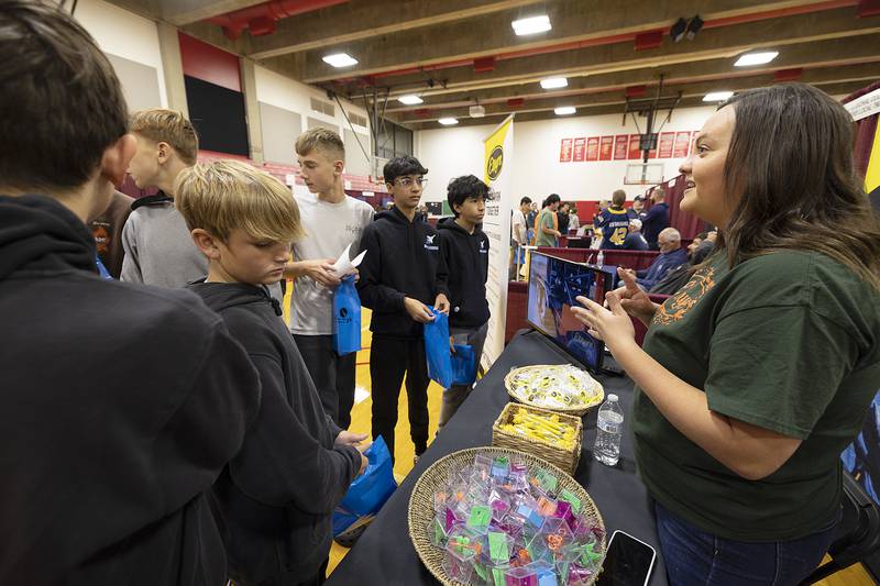 Erika Davis, Talent Acquisition Specialist for Etnyre, asks quiz questions to Rock Falls Middle School students Friday, Oct. 18, 2024, at the Pathways Playground.