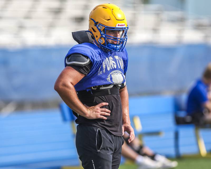 Patrick Cheney waits his turn during linebacker drills at Lyons football practice, Monday, Aug 18, 2025  in Western Springs.