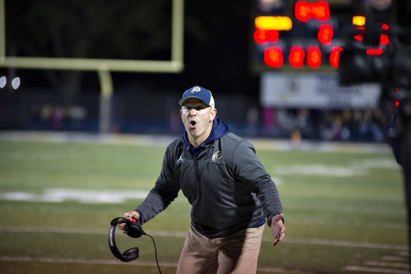 Sterling coach Jon Schlemmer argues a call Friday, Oct.7, 2022 against Rock Island.