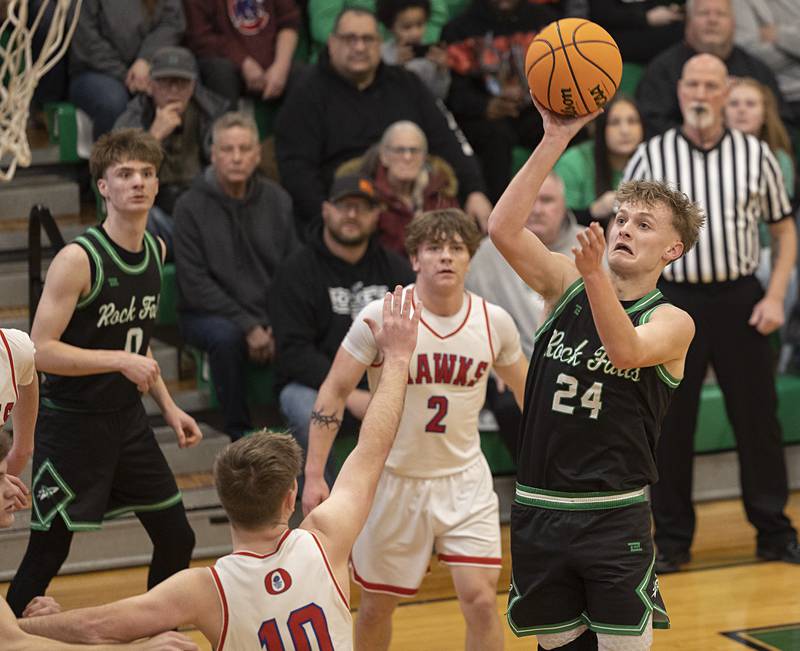 Rock Falls’ Owen Mandrell puts up a shot against Oregon Wednesday, Feb. 25, 2026, in the Class 2A regional semifinal at Rock Falls High School.