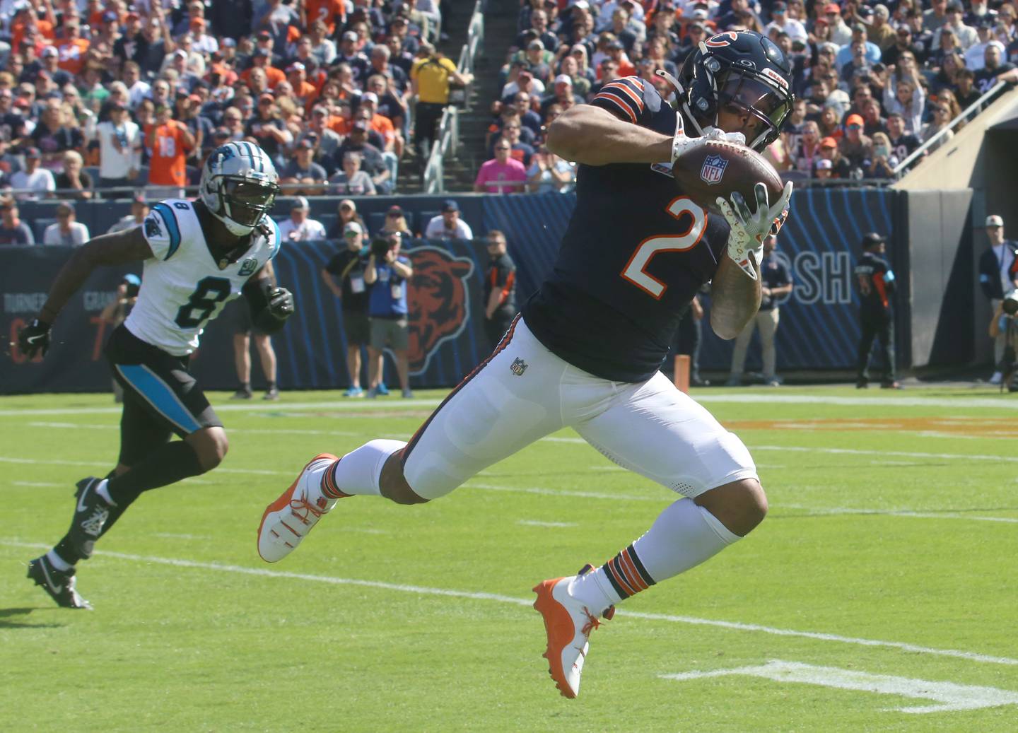 Chicago Bears wide receiver DJ Moore makes a wide-open catch over Carolina Panthers cornerback Jayce Horn on Sunday, Oct. 6, 2024 at Soldier Field in Chicago.