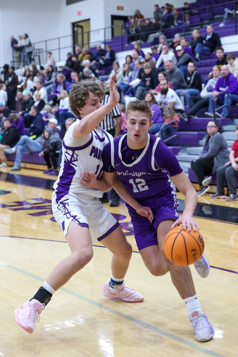 Wilmington's Brysen Meents drives against Manteno's Jack Gotkowski during Wilmington's 60-35 victory over Manteno on Tuesday, Feb. 17, 2026.