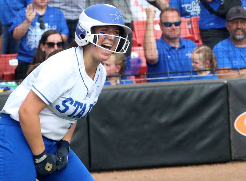 St. Charles North's Julianna Kouba reacts after scoring a run against Marist during the Class 4A championship game on Saturday, June 8, 2024 at the Louisville Slugger Sports Complex in Peoria.