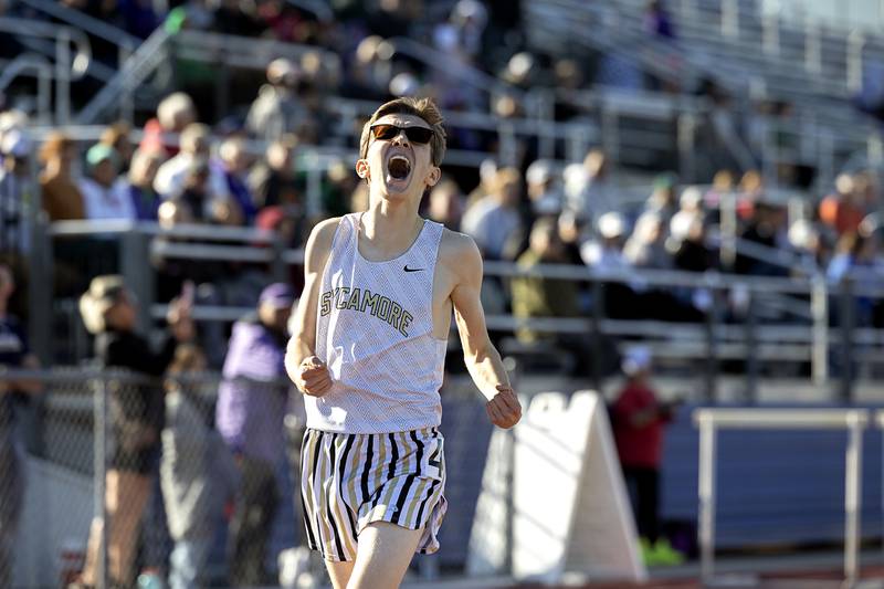Sycamore’s Logan Jones celebrates qualifying for state in the 3200 Wednesday, May 20, 2026, at the Rochelle Class 2A boys track sectionals.