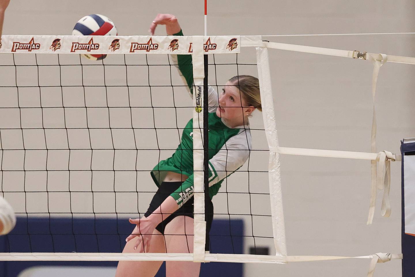 Providence’s Abbey Knight comes up short on the kill against Limestone in the Class 3A Pontiac Supersectional on Monday, Nov. 11, 2024 in Pontiac.