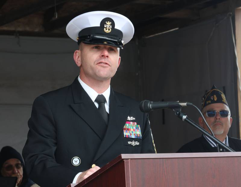 Master Chief Petty Officer Andrew J. Hochgraver speaks during the 46th annual Peal Harbor parade and Memorial service on Saturday, Dec. 6, 2025 at the South Shore Boat Club in Peru. Hochgraver is a South Side native to Chicago. He enlisted in the U.S. Navy in July 2000 and attended Basic Training at Recruit Training Command Great Lakes followed by Basic Engineering Common Core and Engineman "A" School.