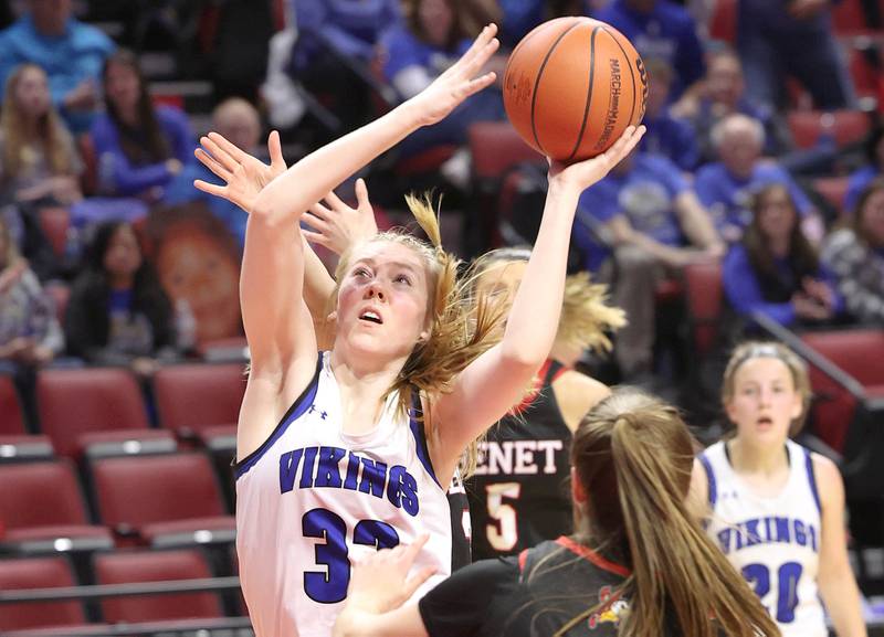 Geneva's Lauren Slagle shoots in the lane against Benet’s Magdalena Sularski during their Class 4A state semifinal game Friday, March 3, 2023, in CEFCU Arena at Illinois State University in Normal.