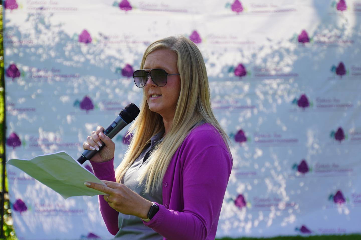 Rochelle Area Community Foundation Executive Director Emily Anaya speaks at the RACF Golf Outing on Aug. 29.