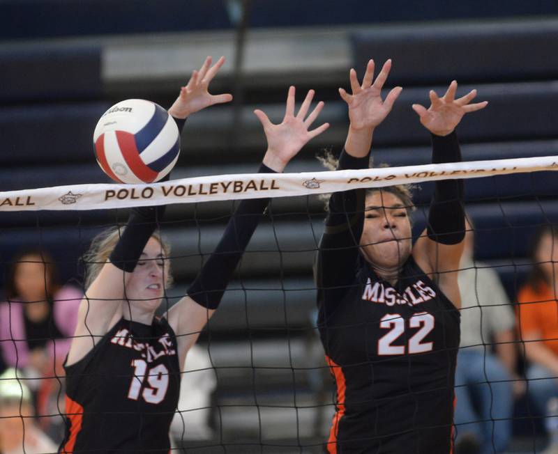 Milledgeville's Claire Ottens (19) and Kendra Kingsby (22) block against Dakota at the Polo Invite on Saturday, Sept. 27, 2025.