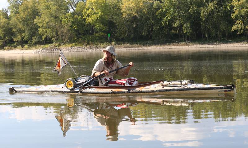 Peter Frank of Escanaba, Michigan, paddles along the Illinois River at Starved rock State Park on Thursday, Sept. 11, 2025. Frank left Escanaba, Mich., on June 27, 2024. Frank has logged nearly 450 days and over 4,400 miles while navigating the American Great Loop in reverse.