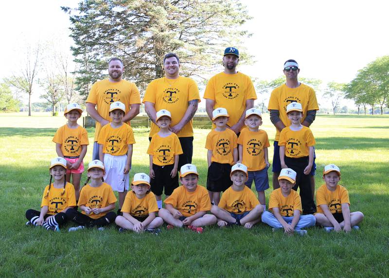 The Coloma Park District A's tee ball team. The roster includes Ariella Ristau, Huck Dale, Louie Dale, Raelyn Reyes, Zayden Pyse, Camden Pyse, Graham Hubbard,Rowan Hunsberger, Colin Vandersnick, Azerial Ramirez, Bella Frosch, Jack DeGroot. Christopher Clark.