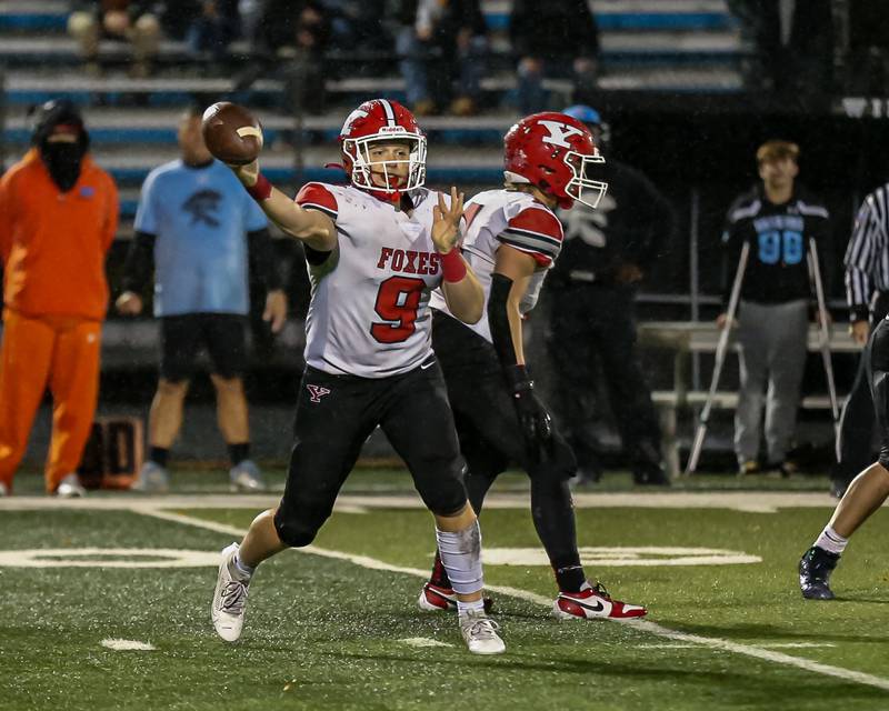 Yorkville's Michael Dopart (9) passes to the flat during Class 7A football playoff game between Yorkville at Willowbrook.   Oct 27, 2023.