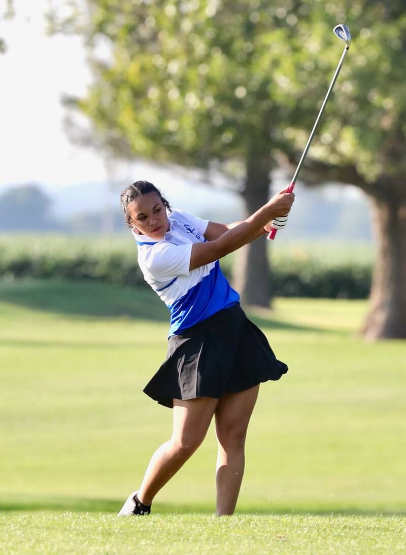 Princeton's Emma Kruse-Carter watches her iron shot during Thursday's meet at Wyaton Hills.