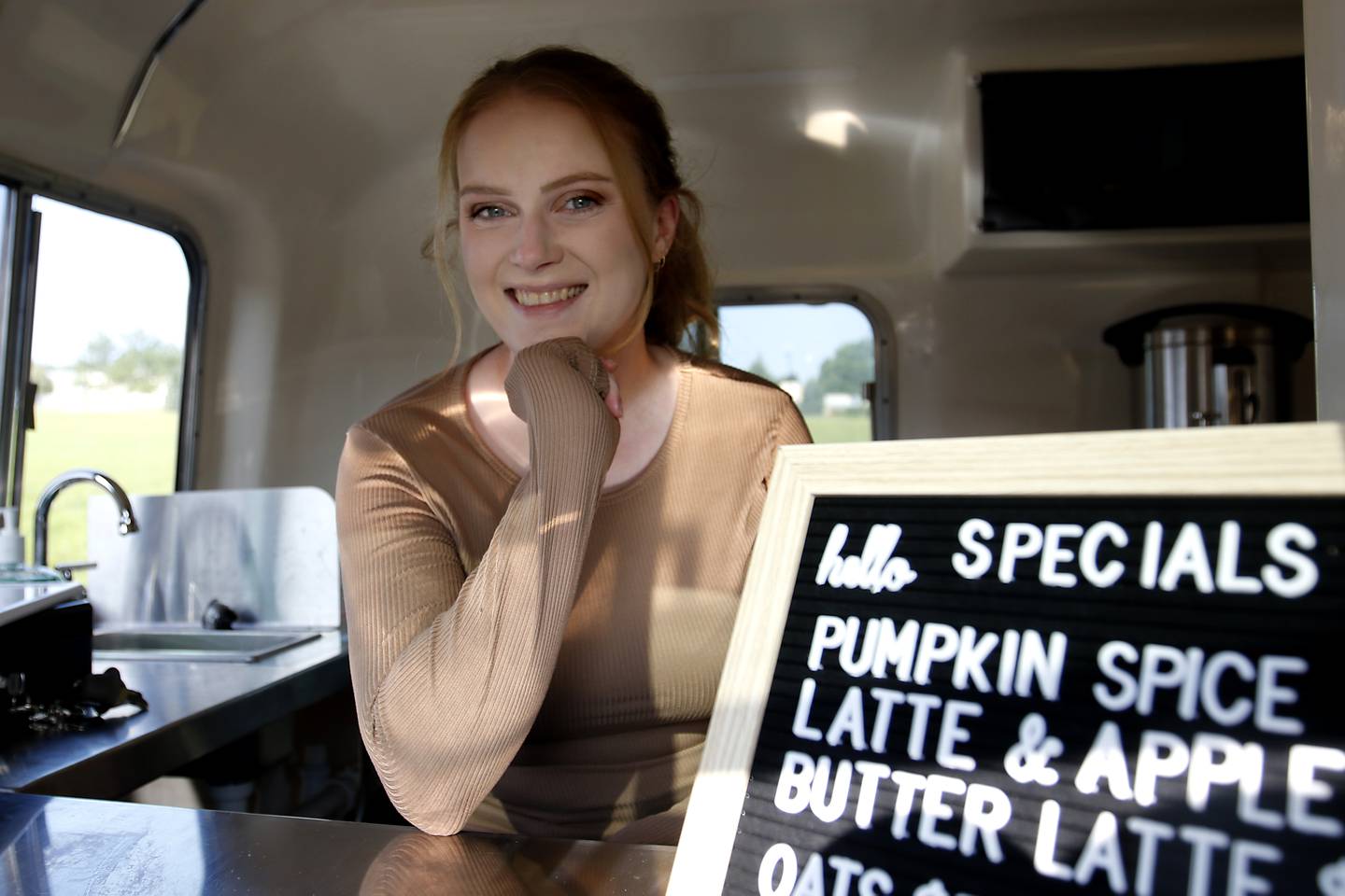 Johnsburg resident Erika Kosick, who started her small business Erika's Odd Coffee recently, on Thursday, Aug. 22, 2024, in her pop-up trailer in the parking lot of Northbound Fitness Club in Spring Grove. She will also be a vendor at the Johnsburg and Spring Grove farmers markets.