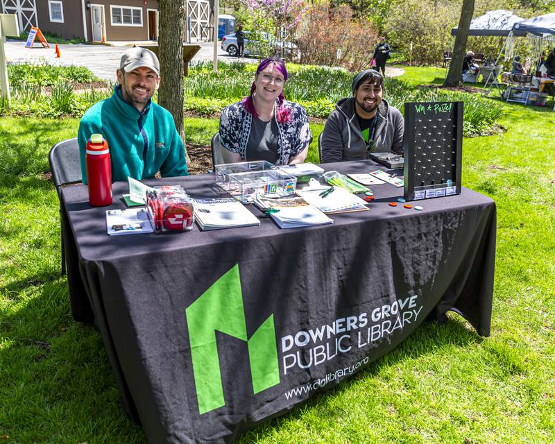 Brian R., Jessica S. and David O, with the Downers Grove Public Library at the Downers Grove Park District Country in the Park on Saturday, May 3, 2025  in Downers Grove.