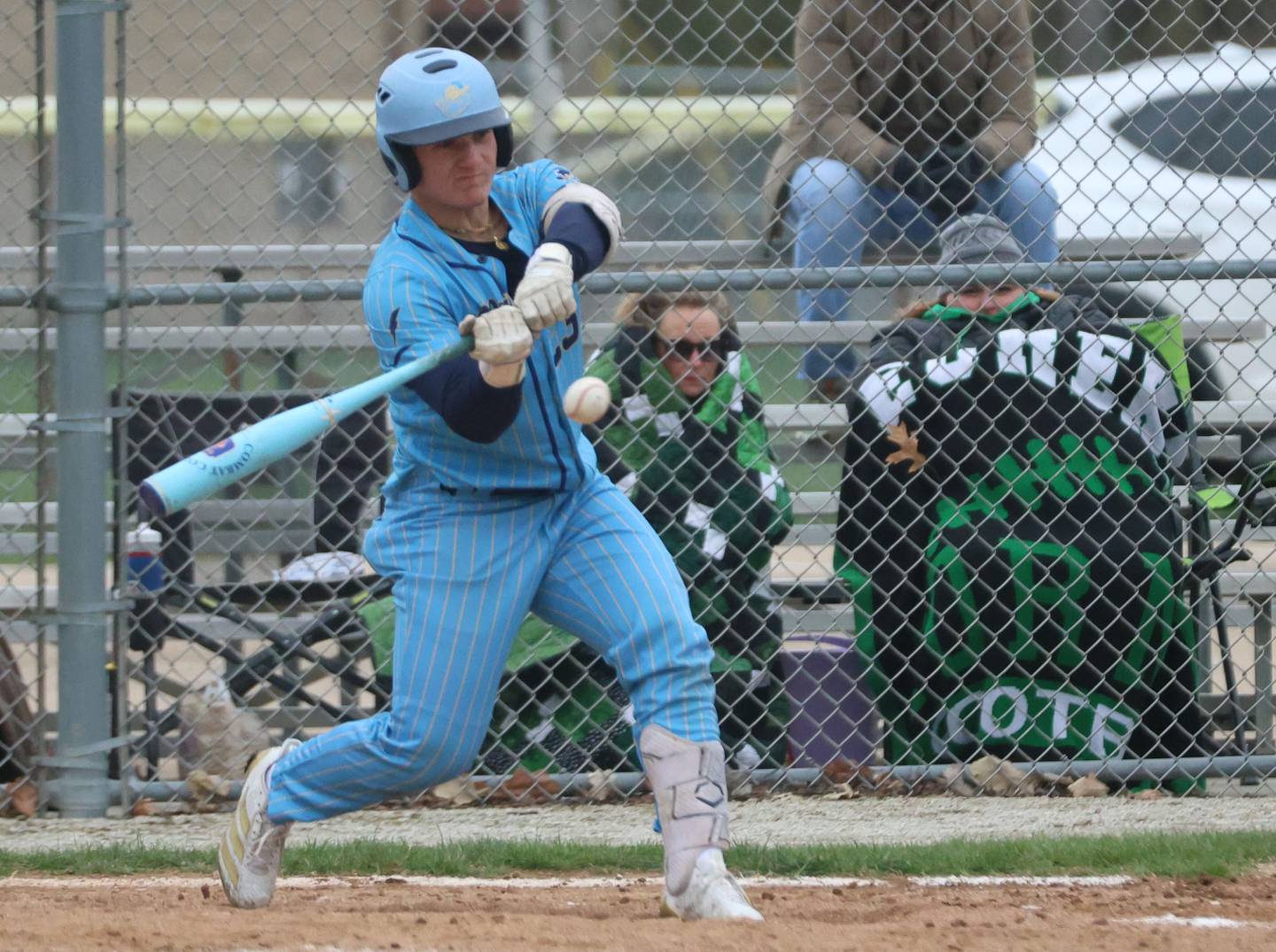 Marquette's Grant Dose makes contact with the ball against Eureka on Wednesday, April 1, 2026 at Masinelli Field in Ottawa.