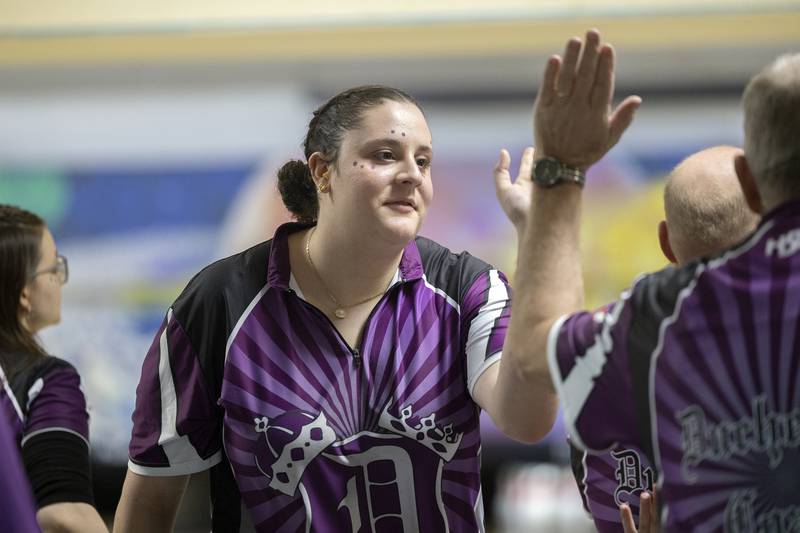 Dixon’s Addison Cox celebrates a good frame Friday, Feb. 7, 2025, in the girls bowling regionals at Plum Hollow in Dixon.