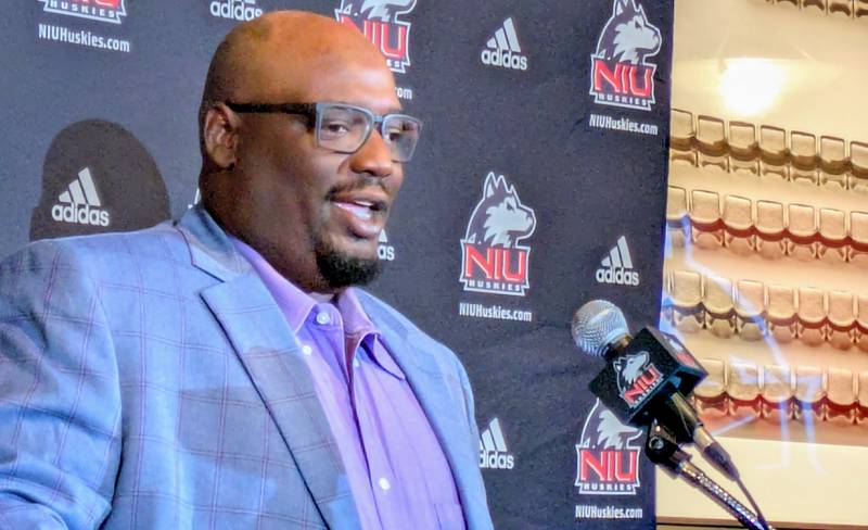 NIU coach Thomas Hammocks speaks at NIU's Chicago Media Day on July 17, 2025 in Chicago.