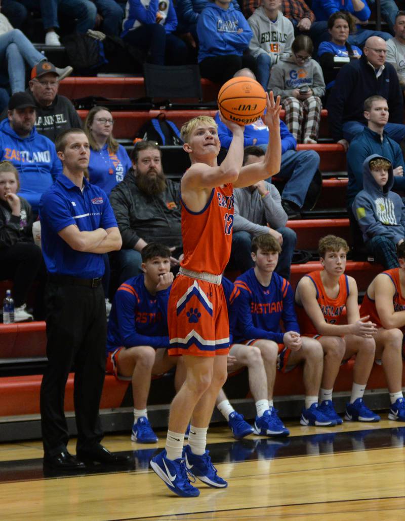 Eastland's Adam Awender (12) shoots a three-pointer against Forreston on Saturday, Jan. 4, 2025 at Forreston High School.